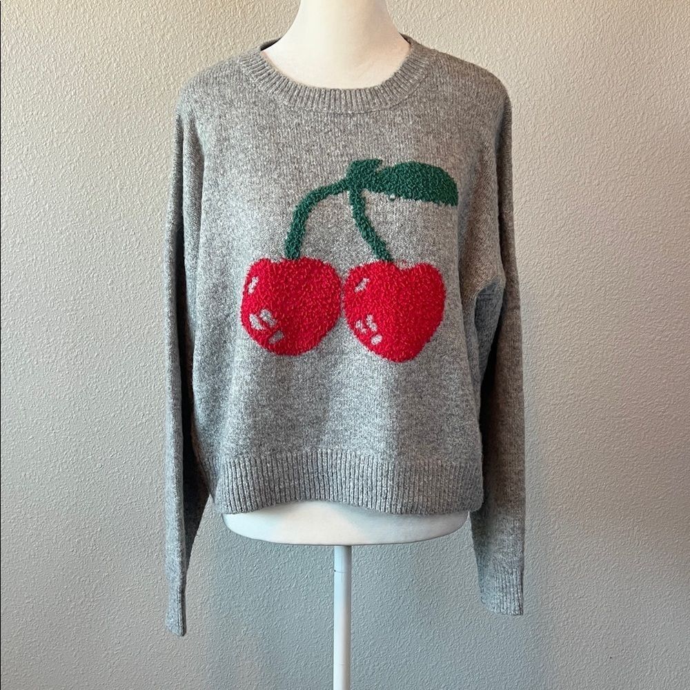 Anthropologie Luna Ivy Cherry Print Sweater Gray Size Small